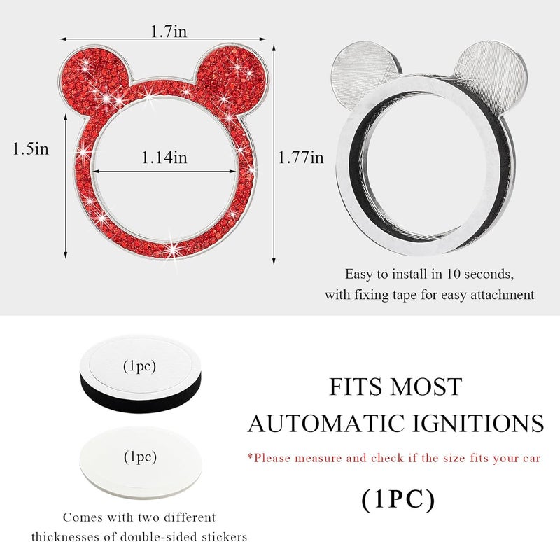 Wevdn Bling Car Engine Start Button Cover, Rhinestone Ring Start Button Cover Sticker, Little Cute Key Ignition & Knob Ring Decoration, Sparkling Car Interior Accessories for Women (Red) - Image 2